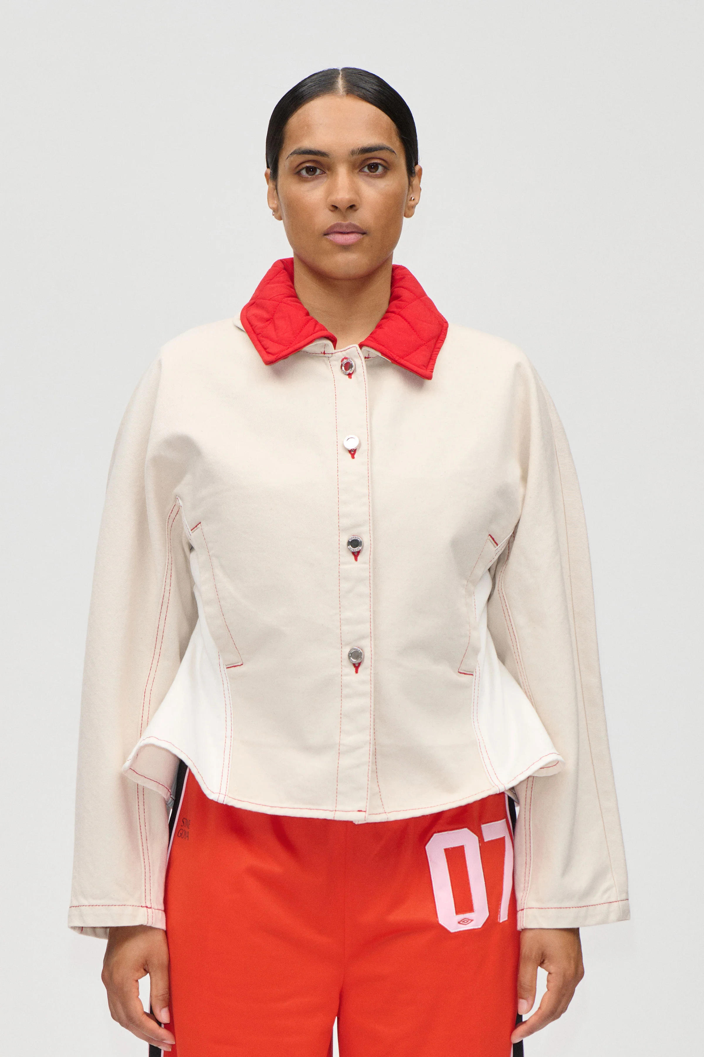 Peplum Collar Jacket - Natural / Contrast Red - Image 5